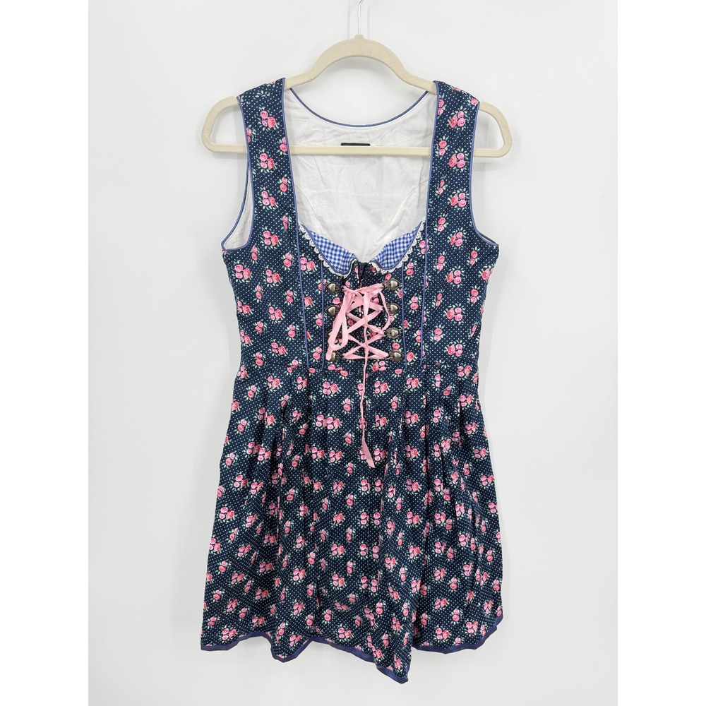 GloryStar Dirndl Floral Dress Womens Medium Navy Blue Lace Up Oktoberfest Folk